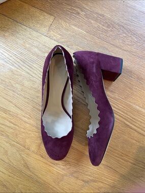Burgundy Scalloped Block Heel Pumps by Chloé